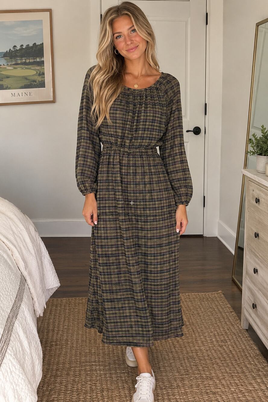 H&M plaid midi dress muted olive